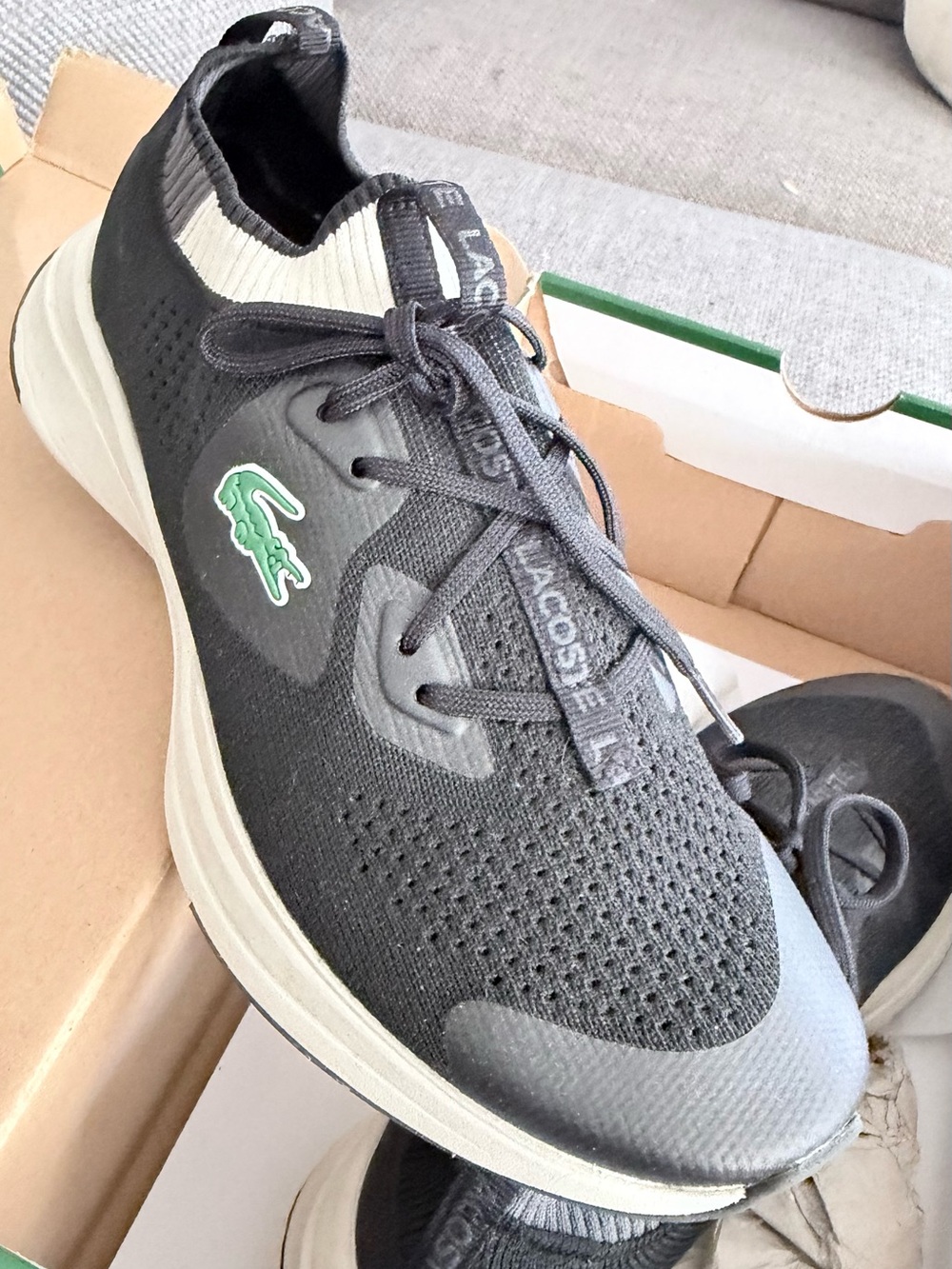 Lacoste Men's Black Knit Sneaker with Green Croc Accent and White Midsole